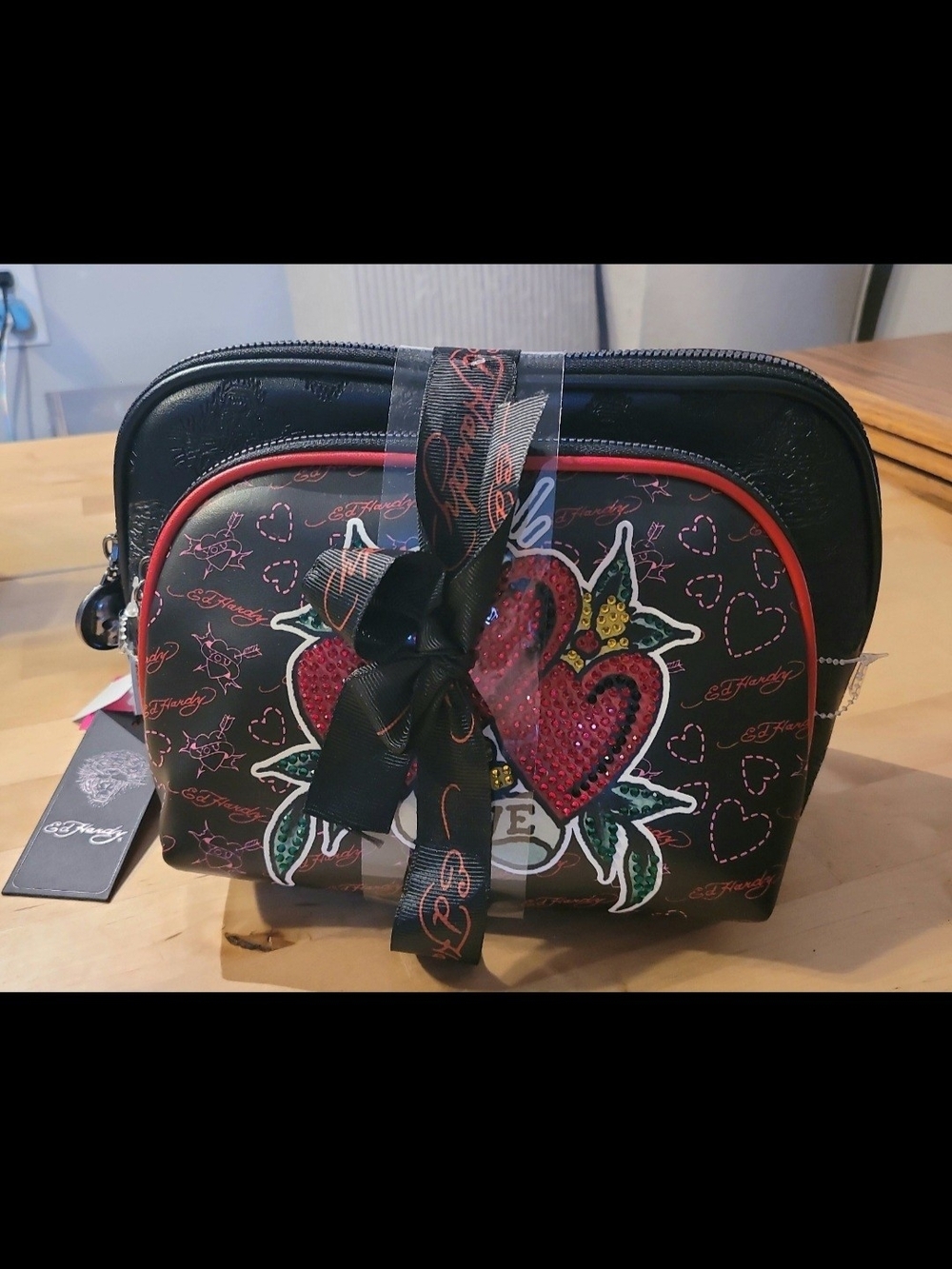 Ed Hardy Black & Red Sequined Heart Cosmetic Bag
